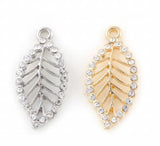 20PCS 27x14mm Rhinestones Hollow Leaf Pendant Charms for Floating Locket