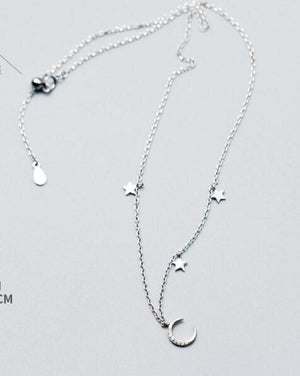 Real 925 Sterling Silver CZ Crescent Moon Star Choker Necklace