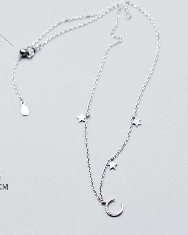 Real 925 Sterling Silver CZ Crescent Moon Star Choker Necklace