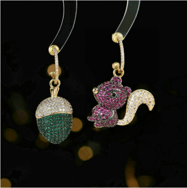 S925 Silver Needle Squirrel Fruit Earrings Asymmetrical Micro-inlaid Zircon