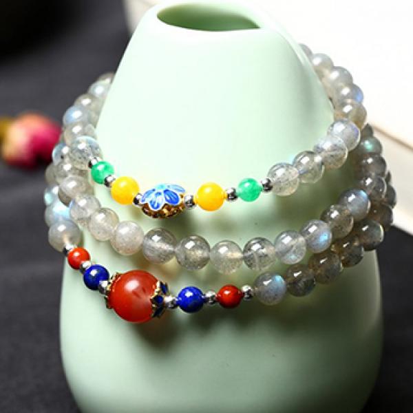 Gray Moonlight Stone Bracelet 6mm Buddha Bead Hand String Crystal Jewelry