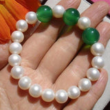 Freshwater Pearl Green Jade Beads Elastic Bracelet Charming Women Gift