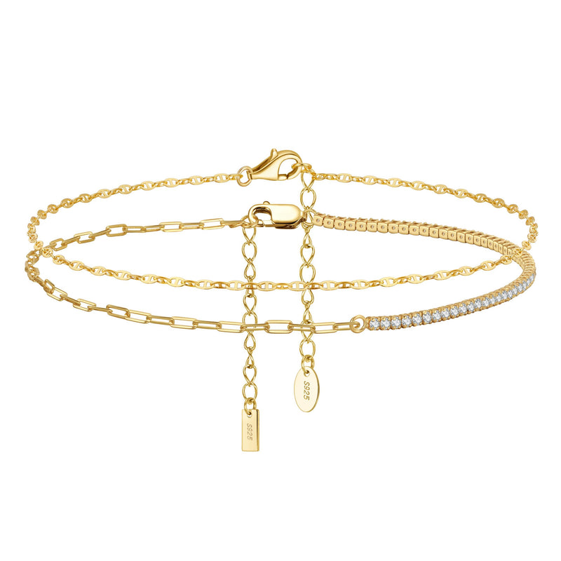 925 Silver Anklets: Tennis&Paper Clip&Mariner Link Chain