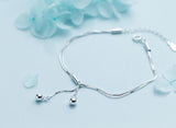 925 Sterling Silver Double Rows Lucky Ball Round Anklet Bracelet
