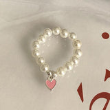 925 Silver Rainbow Heart Pearl Stretch Rope Ring for Women Girl