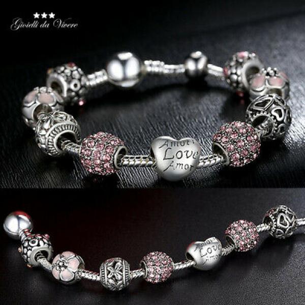 Soft Bracelet Hidden Clasp Charms Love Heart Flower Pink Stones