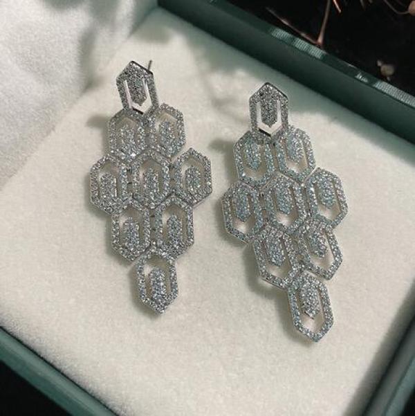 S925 Sterling Silver Hexagonal Hollow Diamond Zircon Crystal Earrings DIY