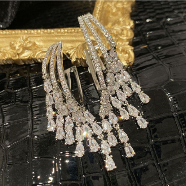 Elegant Zircon Tassel Earrings, S925 Silver, Women's Jewelry