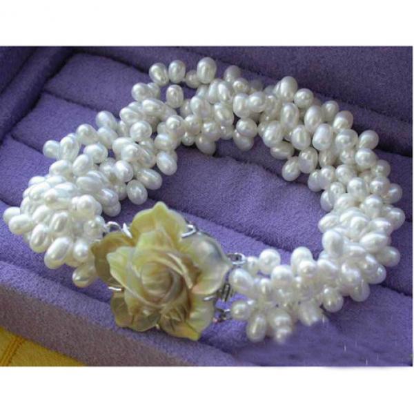 4-Row 7mm Rice Freshwater Pearl Bracelet Shell Flower Clasp