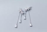 925 Silver Flower Tassel Long Earrings CZ AAA+