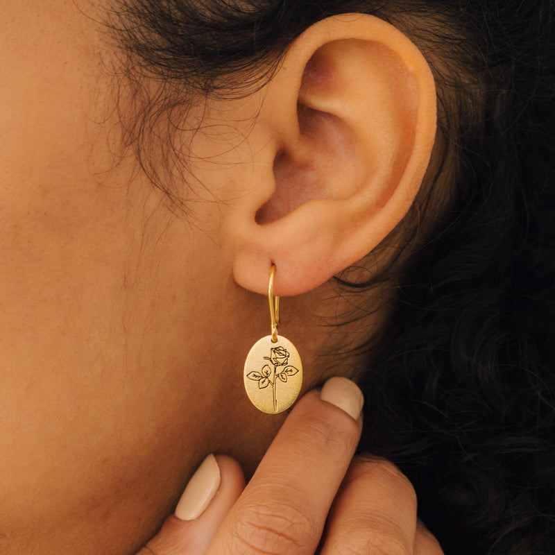 Minimalist Birth Flower Dangle Earrings - Gold, Silver & Rose - Gift for Mom