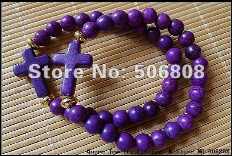Purple Howlite Stone Cross Bracelet, Stretch Beaded Jewelry 15PCS