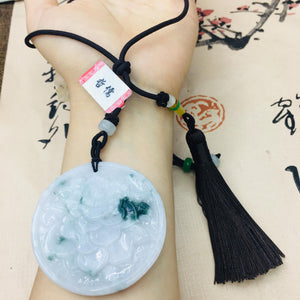 Burmese Emerald Jade Peony Flower Pendant Necklace Two-tone with Tassel