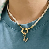 Copper Initial Necklace with Freshwater Pearl Chain