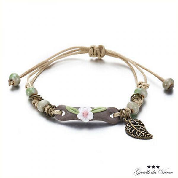 Natural Flower Ceramic Bracelet Hand-Knitted Cotton 99 S0530