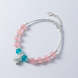 S925 Sterling Silver Pink Strawberry Quartz Crystal Cat Pendant Bracelet