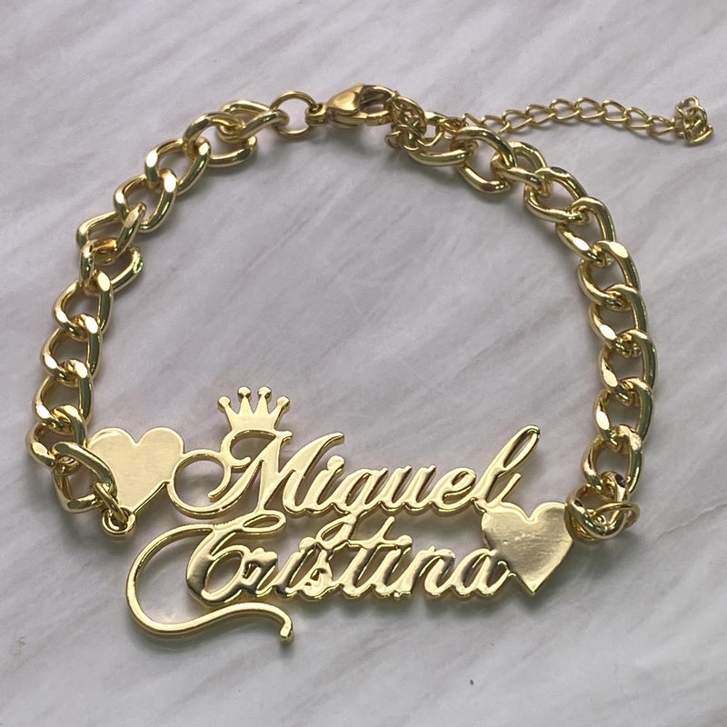 Personalized Double Name Bracelet with Crown Heart Nameplate