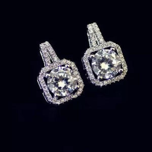 925 Silver Crystal Square Earrings Women Girls Statement Jewelry