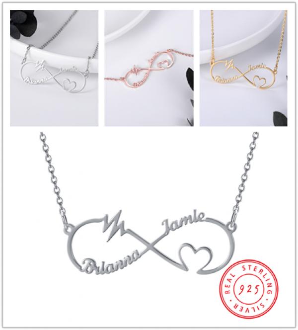 925 Silver Infinity Shape Pendant Heart Pulse Couple Name Necklace