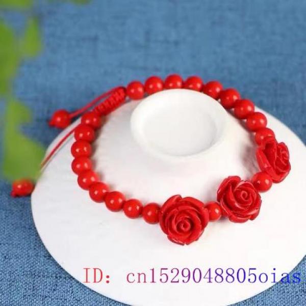 Cinnabar Flowers Bracelet Amulet Red Natural Jade Chinese Charm