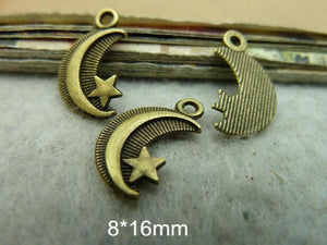 100 Small Moon Star Charms Antique Bronze Tone 8*16mm
