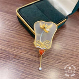 Chinese Style S925 Silver Gilding Crystal Jade Palm-Leaf Fan Brooch