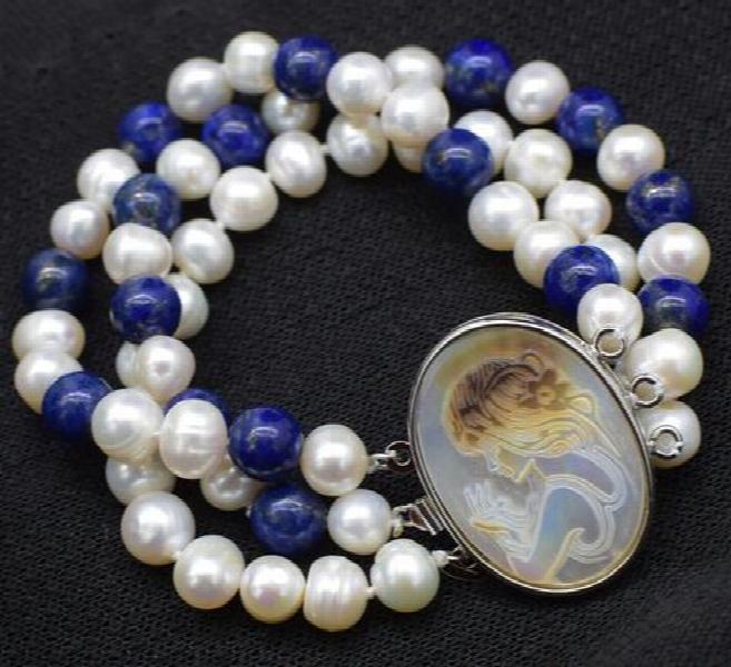 Lapis Freshwater Pearl Bracelet 8mm 7.5in