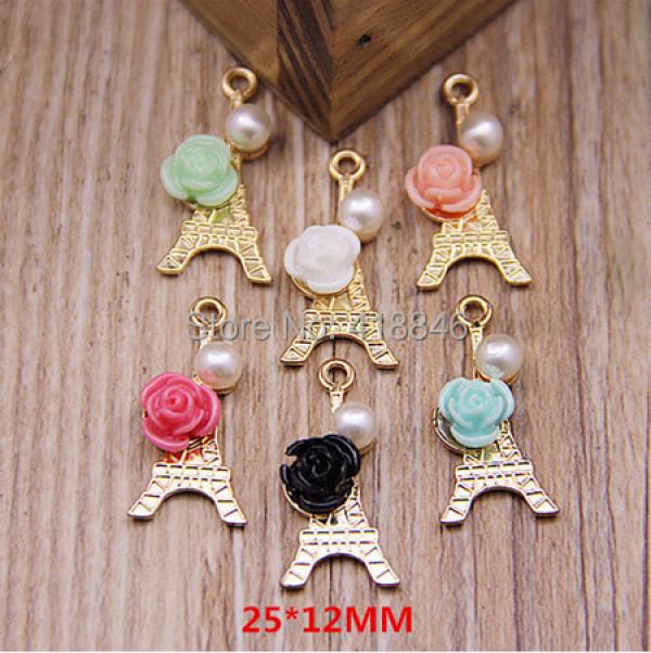 Eiffel Tower Shape Metal Bracelet Charms With Rose Flowers Decoration