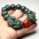 Natural Hetian Jade Dark Green Double Beast Bracelet Men's Women's Gift