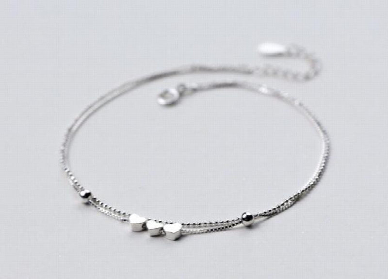 925 Sterling Silver Double Rows 3-Heart Anklet Bracelet