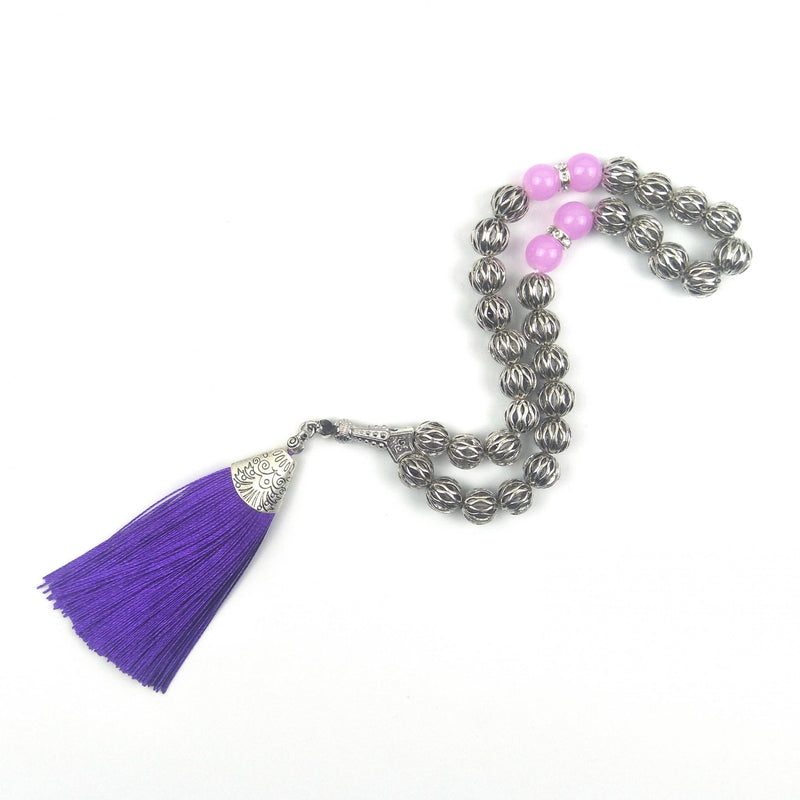 10mm Silver Prayer Beads Red Tassel Wedding