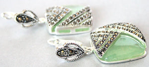 925 Silver Hook Green Natural Jade Marcasite Square Earrings