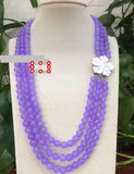 Purple 8mm Stone 3-Row Necklace with Shell Flower Clasp