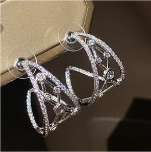 Hollow C-shaped Silver Earrings with Braided Studs