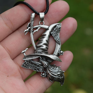 Wiccan Halloween Moon Spider Web Broom Necklace