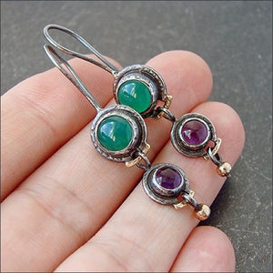 925 Silver Green Purple Amethyst Dangle Earrings
