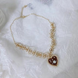 French Retro Wind Pearl Oil Love Necklace Peach Heart Clavicle Chain