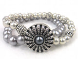 CZ Stone Metal Snap Button Bracelet Double Row Alloy Ball Bead Pearl Beads