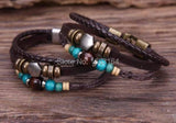 G77 Ethnic Wood Beads Hemp Leather Bracelet Cuff