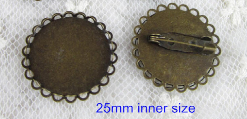 Antique Bronze Plated Lace Brooch Pin For Cabochon, Alloy Base Cups - 20 Pcs