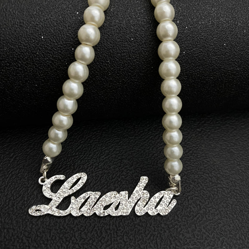 Custom Name Pearl Necklace with Diamond Pendant