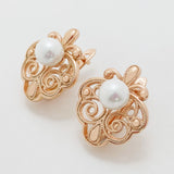 Flower Shaped Simulated Pearl 585 Rose Drop Earrings