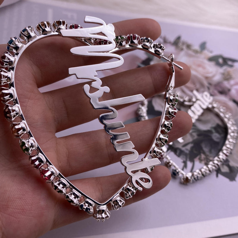 Heart-Shaped Name Earrings with Diamonds and Zircon