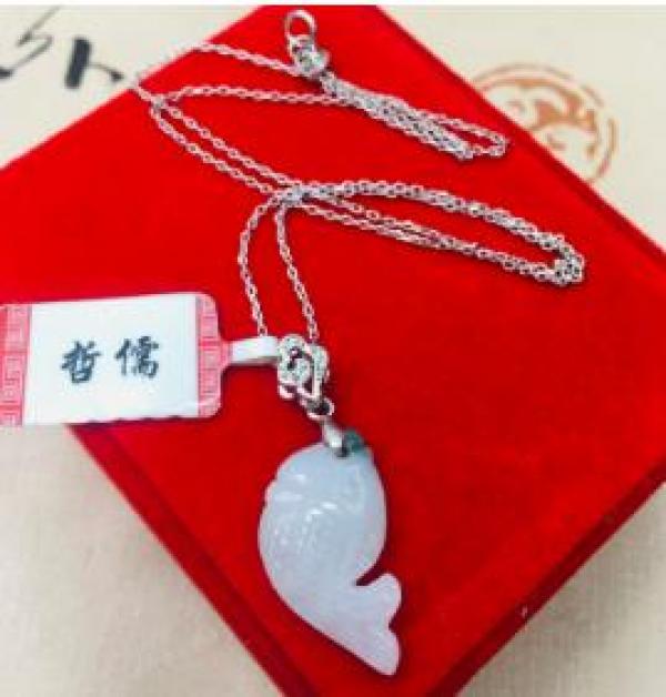 Burmese Ajadeite Fish Pendant w/ 925 Silver Necklace