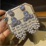 Women Large Round Diamond Pearl Tassel Earrings