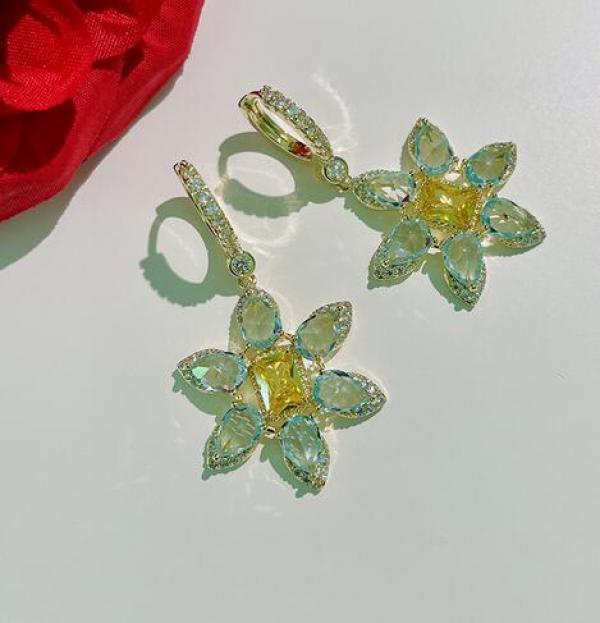 S925 Silver Sunflower Emerald Crystal Zircon Earrings