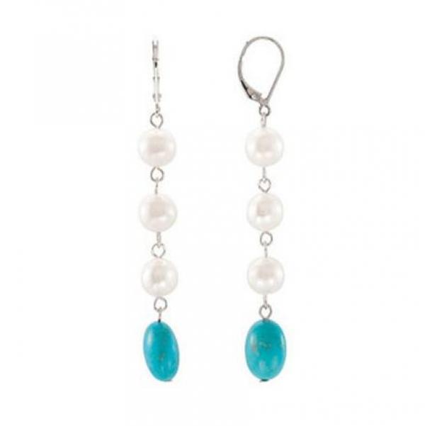 8mm Pearl & Turquoise Drop Earrings S925 Silver Hook Lady Gift