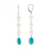 8mm Pearl & Turquoise Drop Earrings S925 Silver Hook Lady Gift