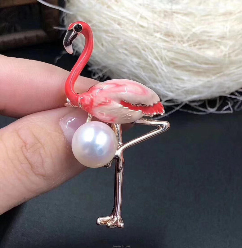 Freshwater Pearl Coin Red Flamingo Brooch Beads