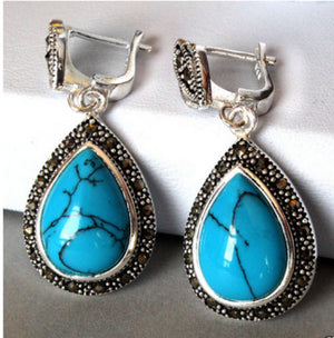 Hot Silver Jewelry Turquoise Marcasite Teardrop Earrings
